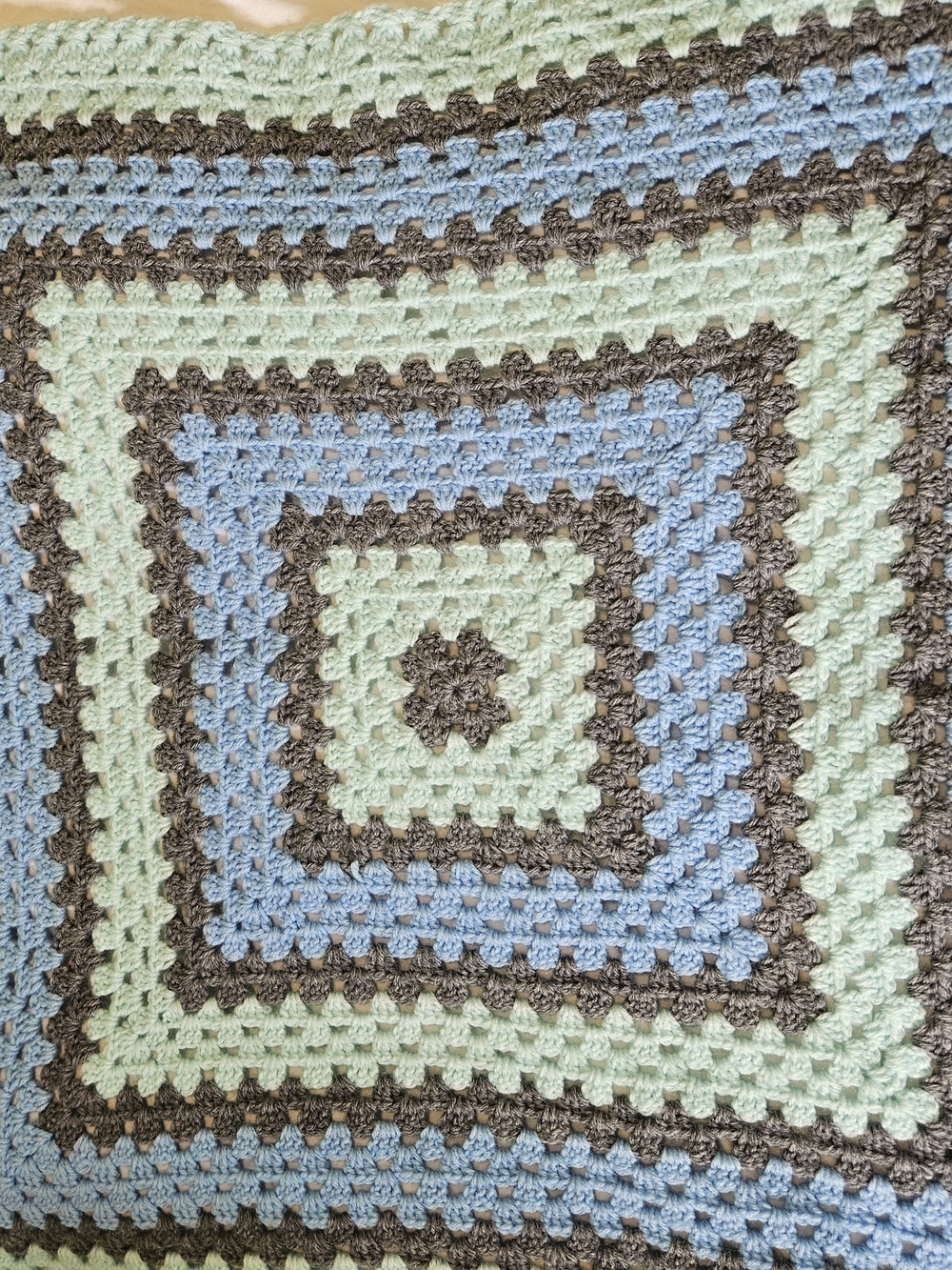 Handmade Crochet Baby Blanket in Mint, Sky Blue & Taupe